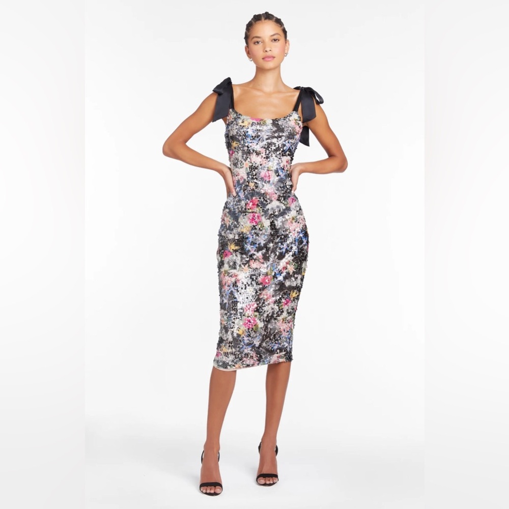 Like new Amanda Uprichard midi scoop neck sequin dress silk ties